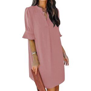 Women Dusty Pink Polyester V-Neck Loose Fit Short Sleeve Knee Length Shift Dress